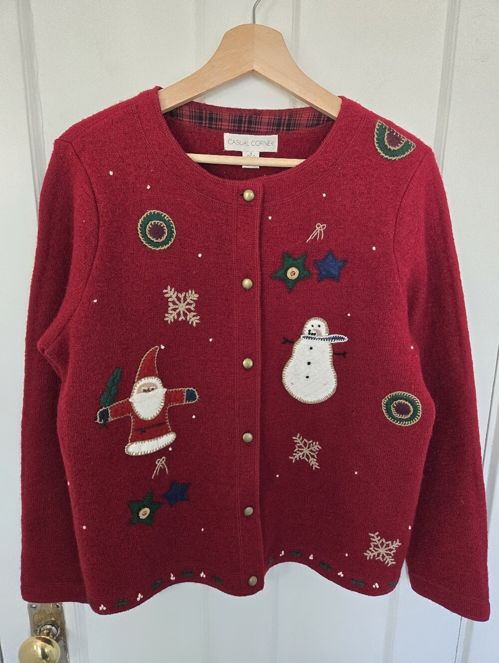 Casual Corner Vtg 90s Womens Red Wool Christmas Cardigan Size M Santa Teacher